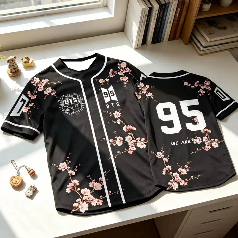 Black White Baseball Jersey Shirt Cherry Blossom Floral Kpop Concert Graphic Top