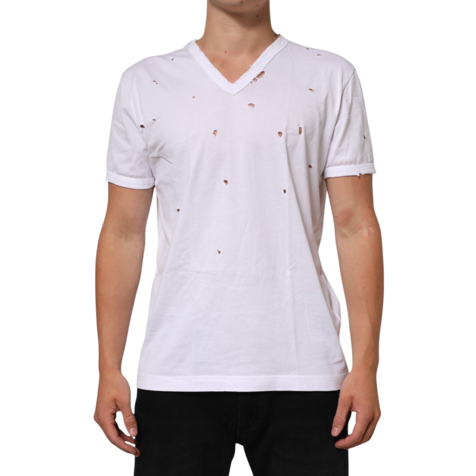 DOLCE & GABBANA T-shirt White Distressed Cotton V Neck Men IT48/US38/M 900usd