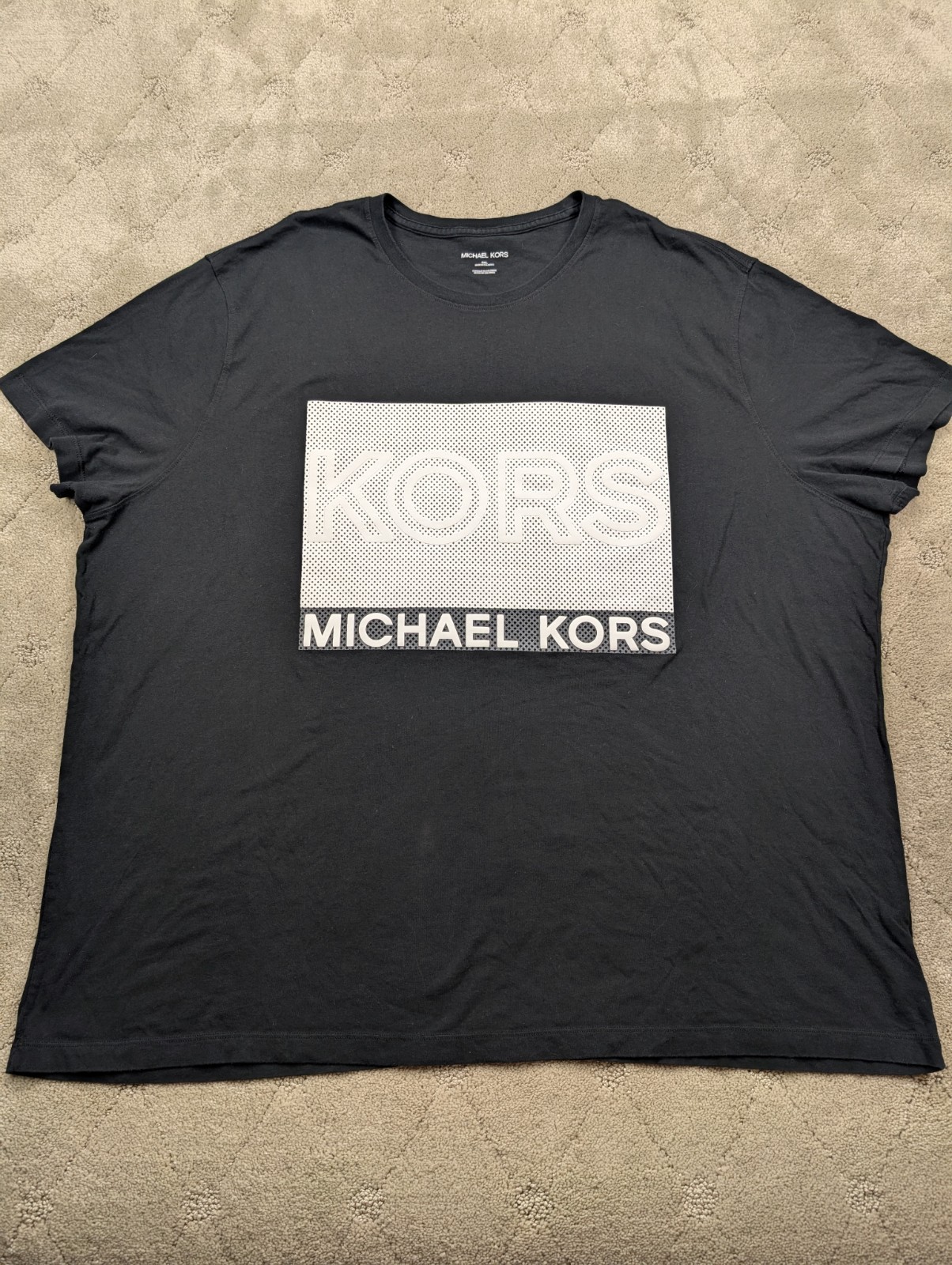 MICHAEL KORS Men’s (3XL) Black Crewneck Cotton T-Shirt Square 3D Textured Logo