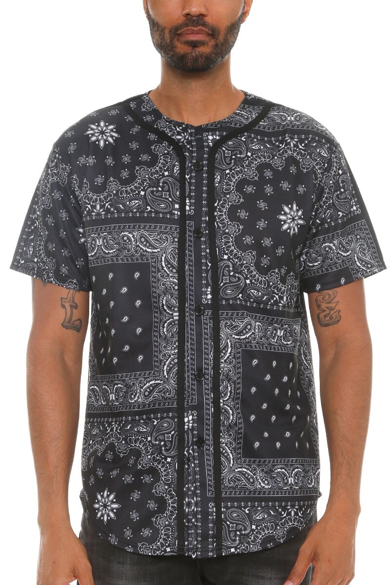 Mens Baseball Classic Jersey Bandana Paisley Button Down Tee Shirt