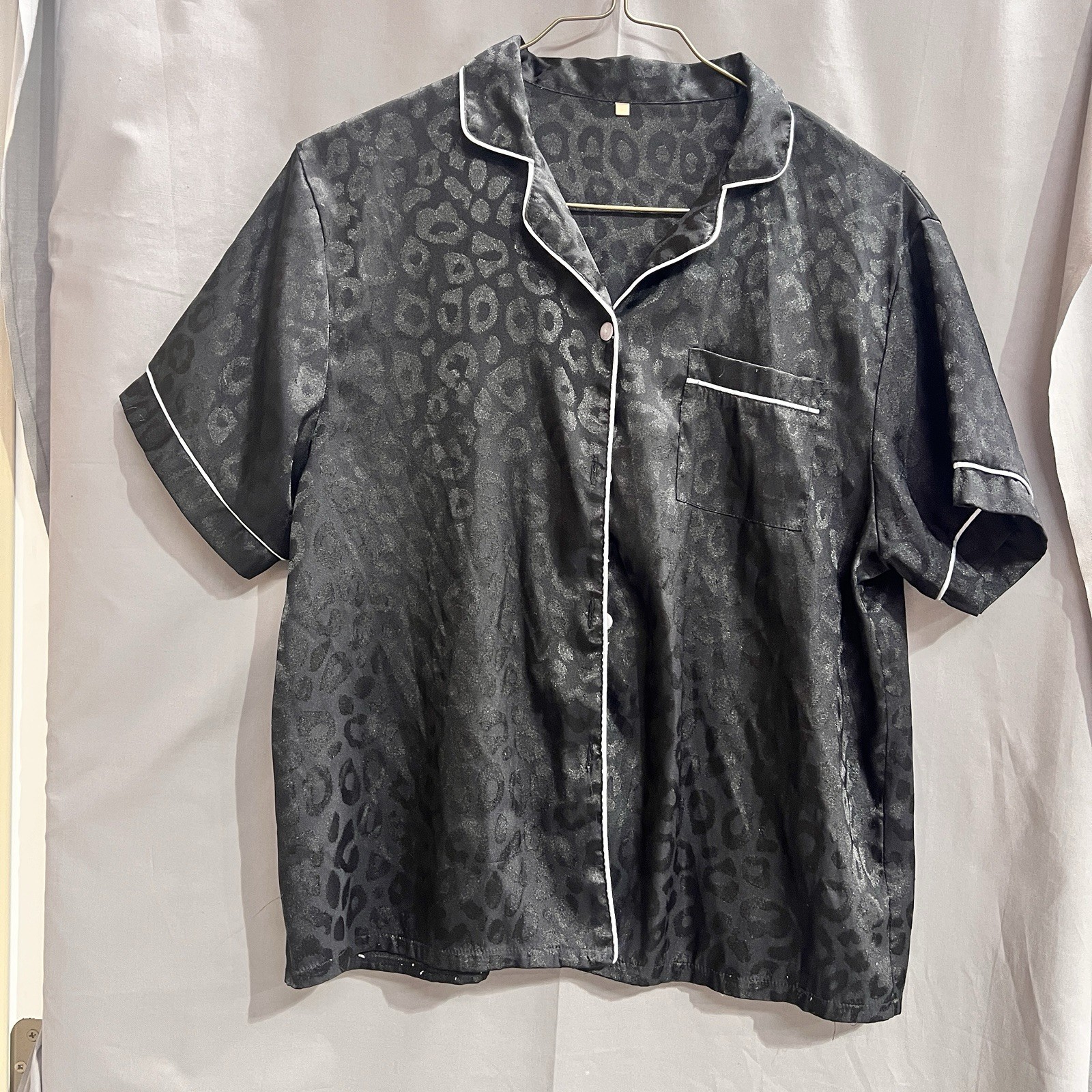 Leopard Jacquard Contrast Piping Satin PJ Shirt Size M TG2111 Retro Casual Y2K