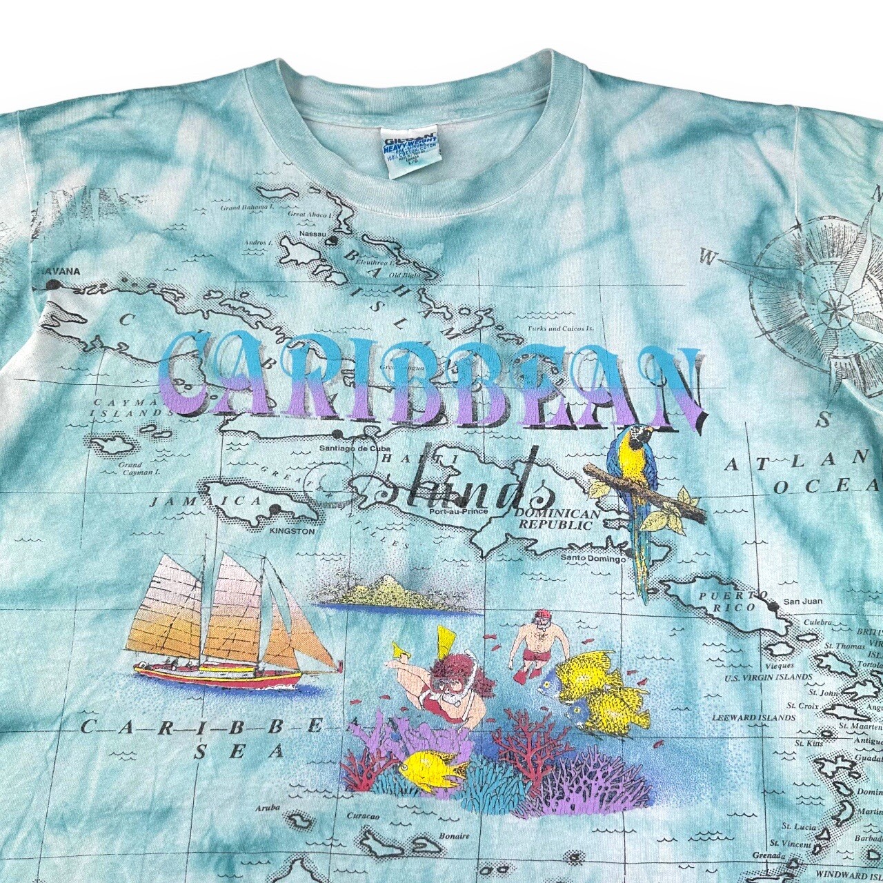 Vintage 90s All Over Print Caribbean T Shirt Mens Large Blue Map Multicoloured