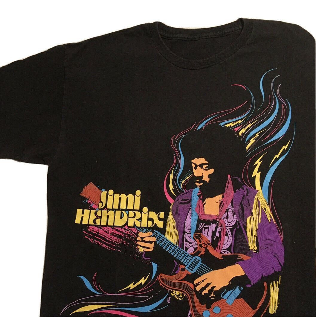 JIMI HENDRIX Black T-shirt, Blue Purple Pink Yellow Graphic, Guitar, Size L (?)