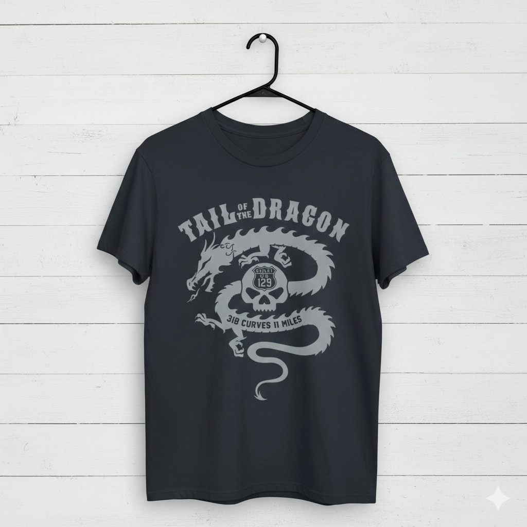 Tail of the Dragon US 129 Biker Graphic Black T-Shirt Motorcycle Tee – S402