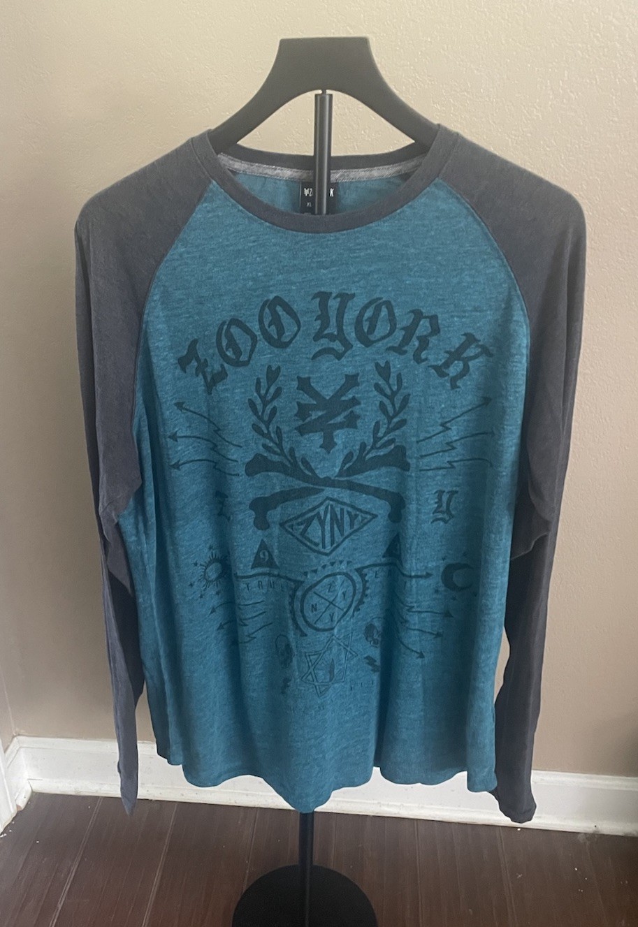 Zoo York Mens XL Long Sleeve Raglan Graphic Shirt Teal Gray Y2K Skate Tee