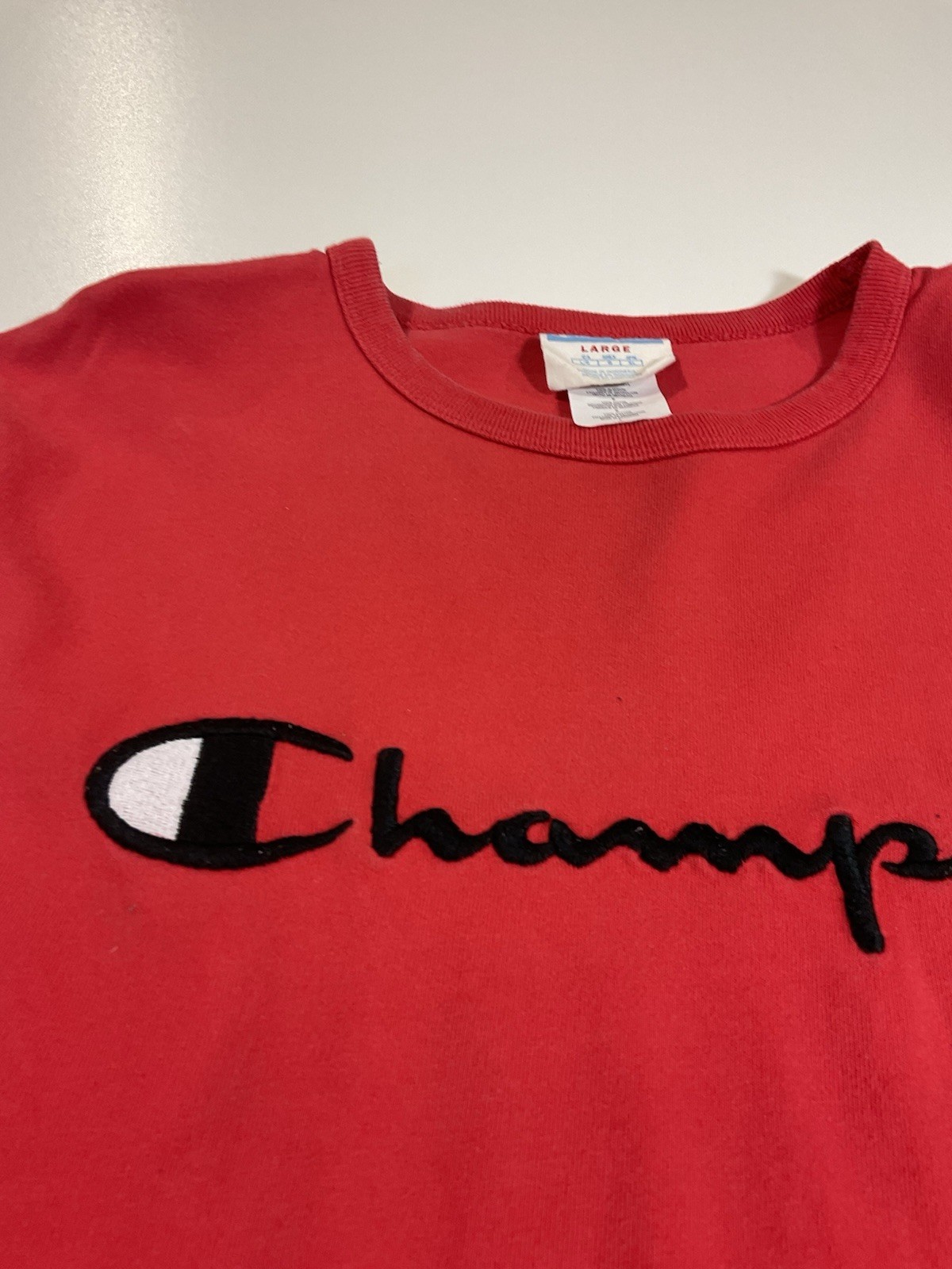 Champion Embroidered Script Logo T Shirt Sz L Red Sportswear