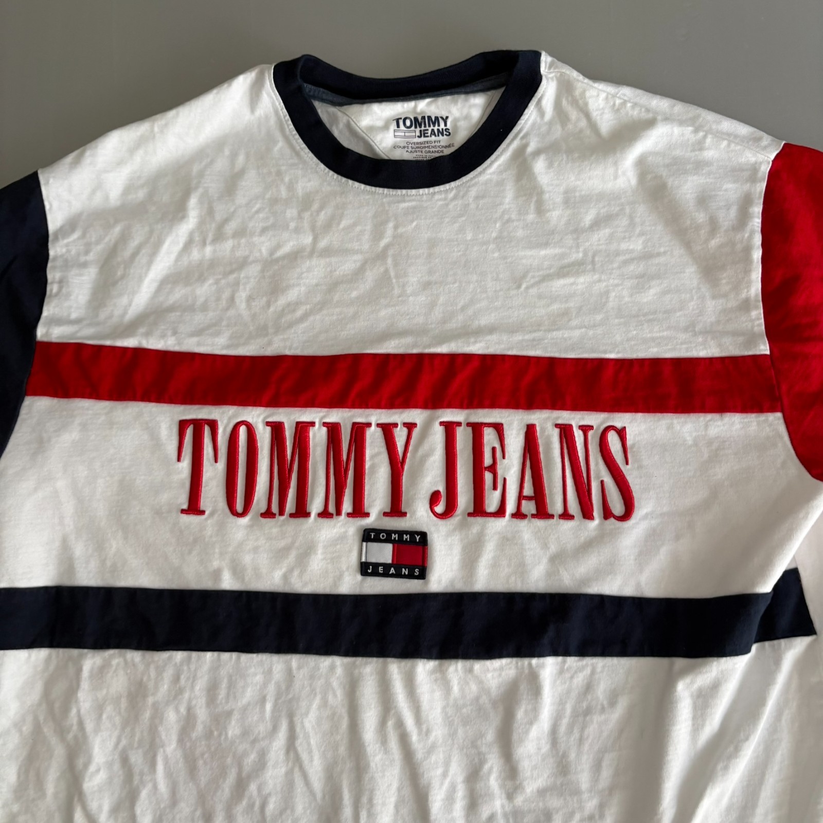 Tommy Jeans Oversized Fit Color Block T-Shirt L Flag Logo Embroidered VTG 90 80