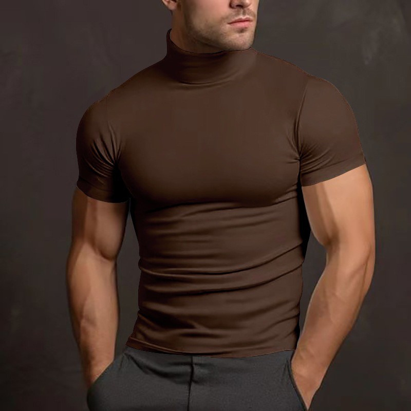 Men Solid Color Mock Neck Short Sleeve Tight Fitted Basic T Shirt Slim Casual