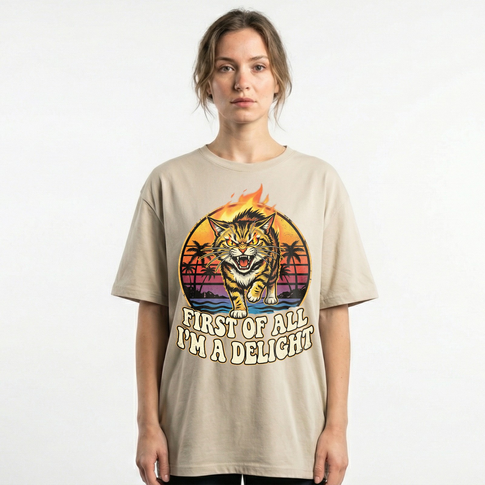 Angry Tiger Fire Eyes Tropical Beach Tee Retro Sunset Palm Trees T-Shirt