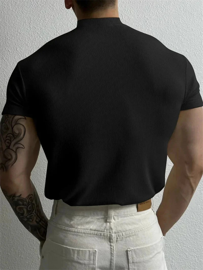 Men T Shirt Stripe Print Short Sleeve Elastic Fit High Collar Sport Gym Training