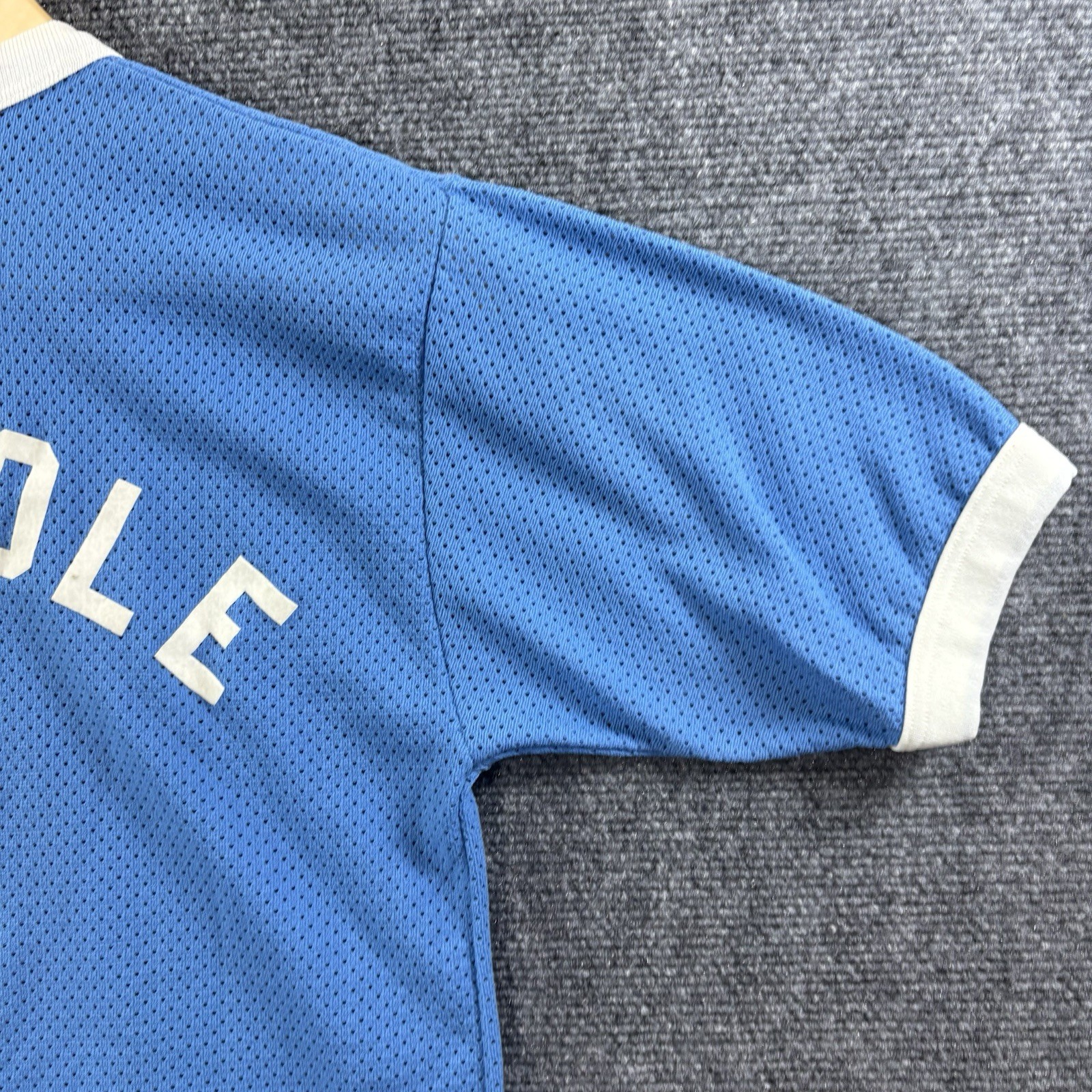 VTG 70s Nylon Mesh Flock Printed V Neck Jersey Mens M Blue Baseball Football