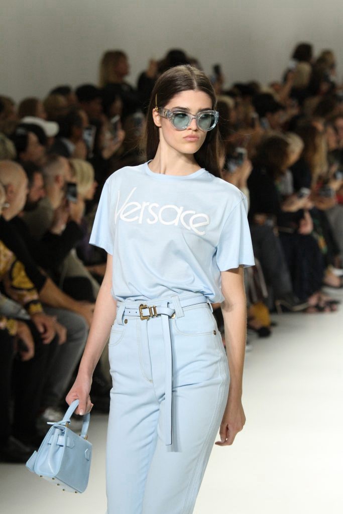 VERSACE NWT 90’s Tribute Runway Blue Logo Tee Shirt Medium Collectible Designer