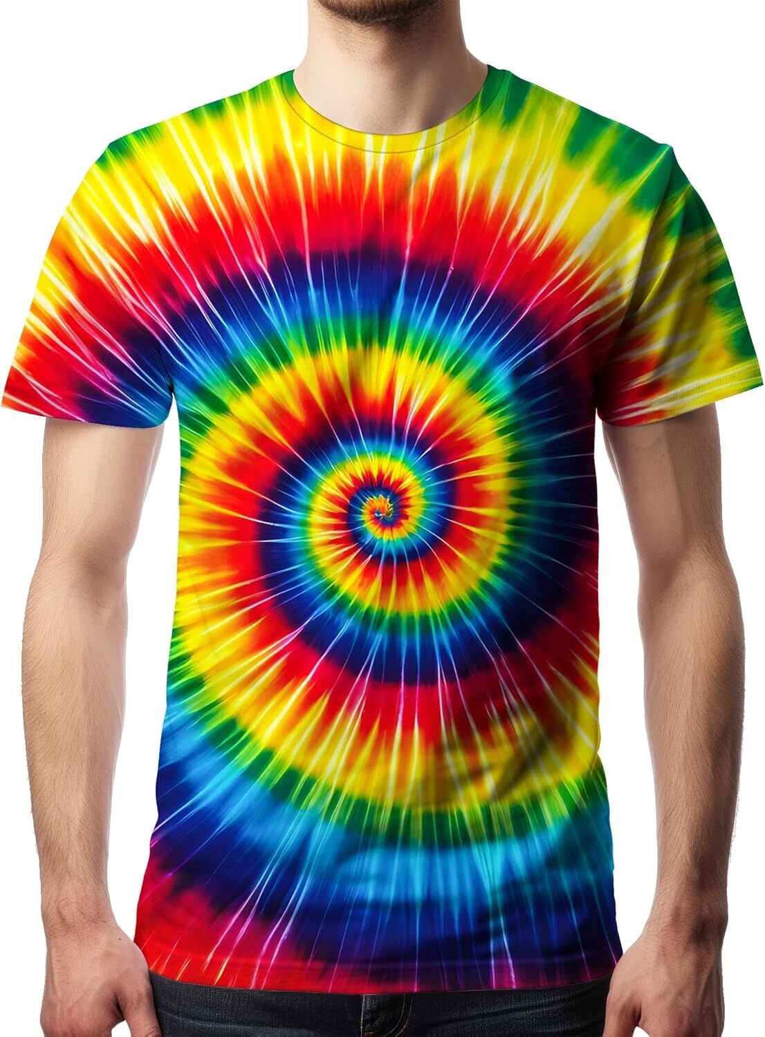 Men’s Tie Dye Short Sleeve T-Shirt Vintage Hippie Style Polyester Crew Neck Tee