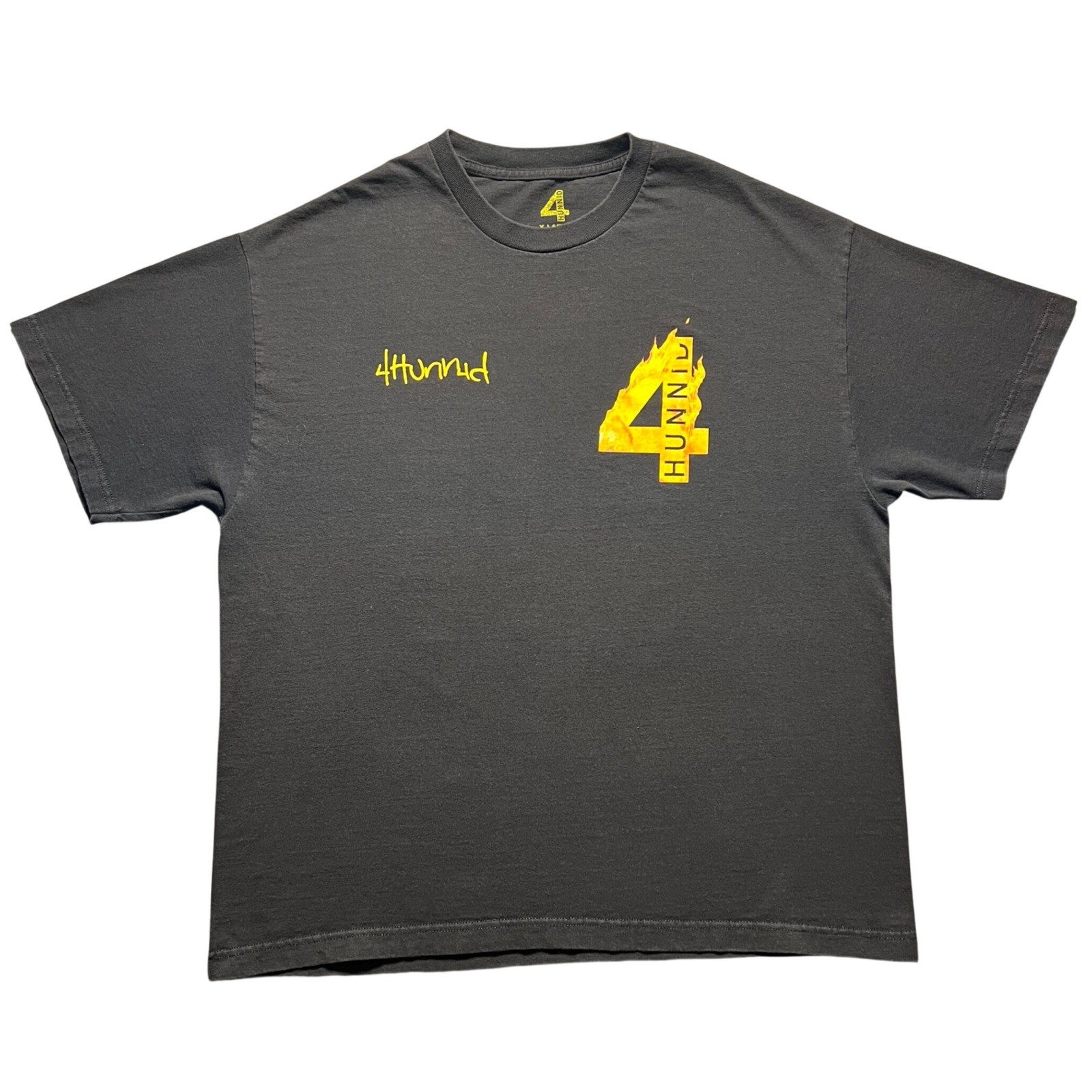 4Hunnid T Shirt Mens XL Black Heavy Cotton Double Sided Flame YG Hip Hop Logo