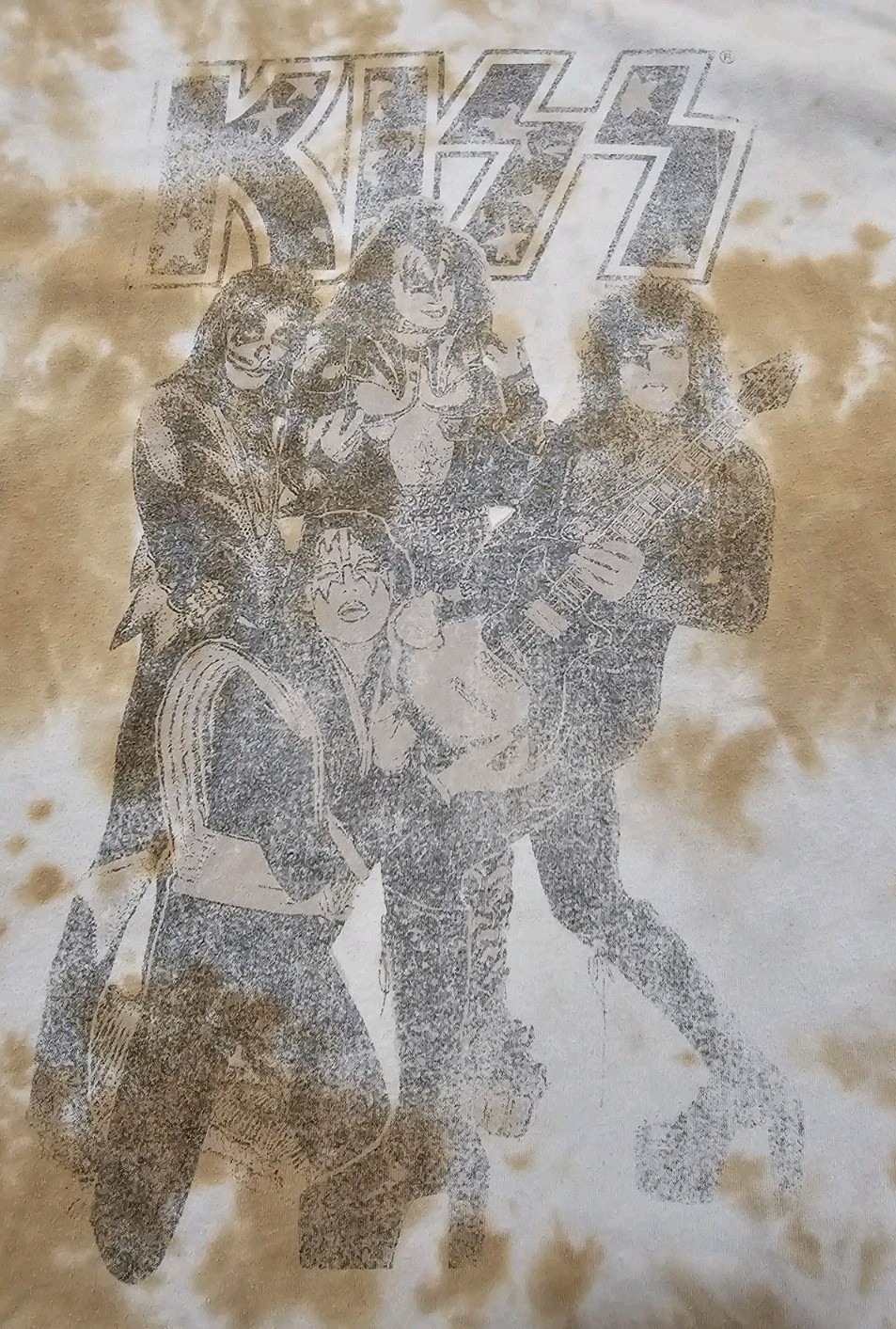 KISS Band Tie Dye Graphic Rock T-shirt Vintage Style Brown White Size XL