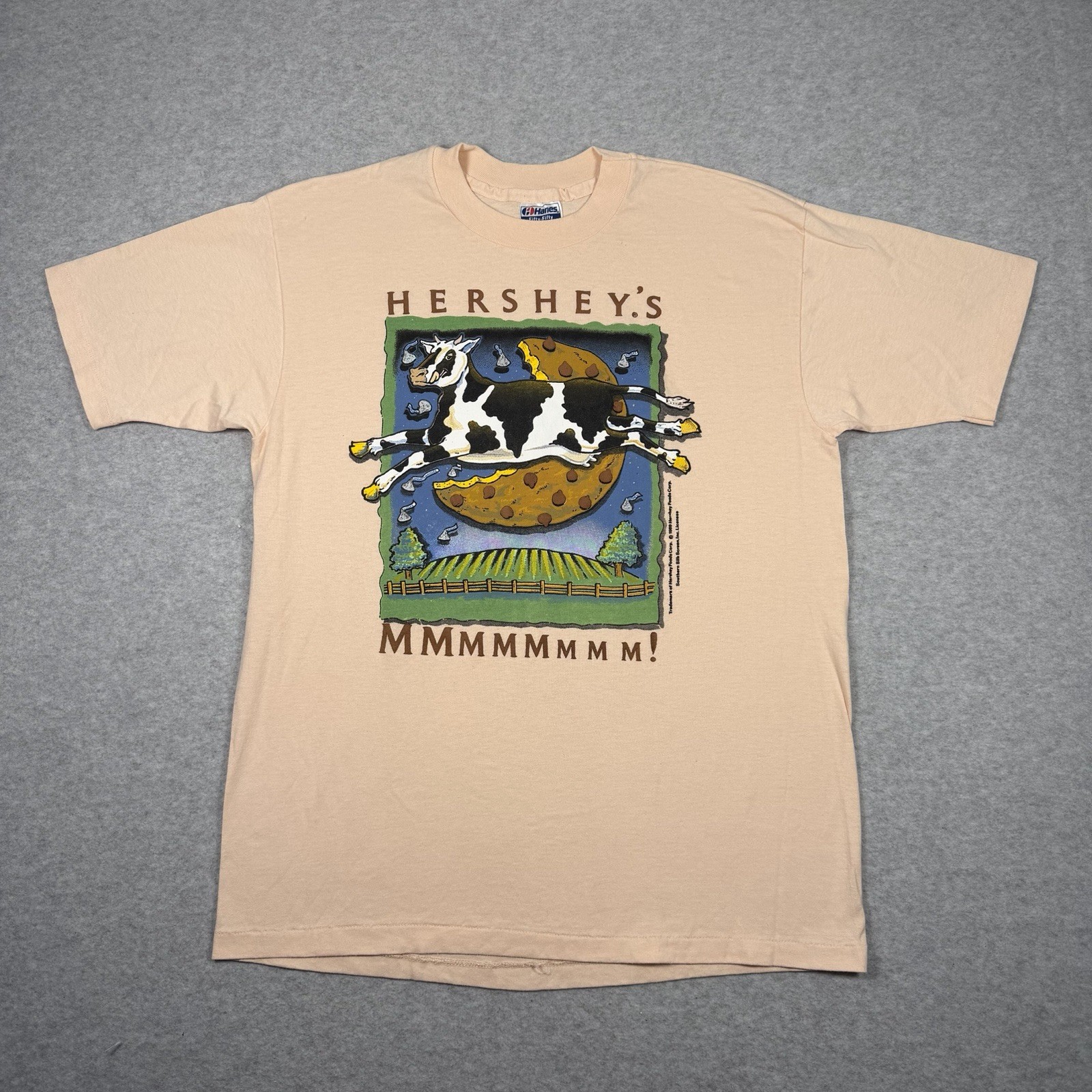 Vintage Hershey’s Milk Chocolate Cow Promo T-Shirt Hanes Size Large 1989 Farm