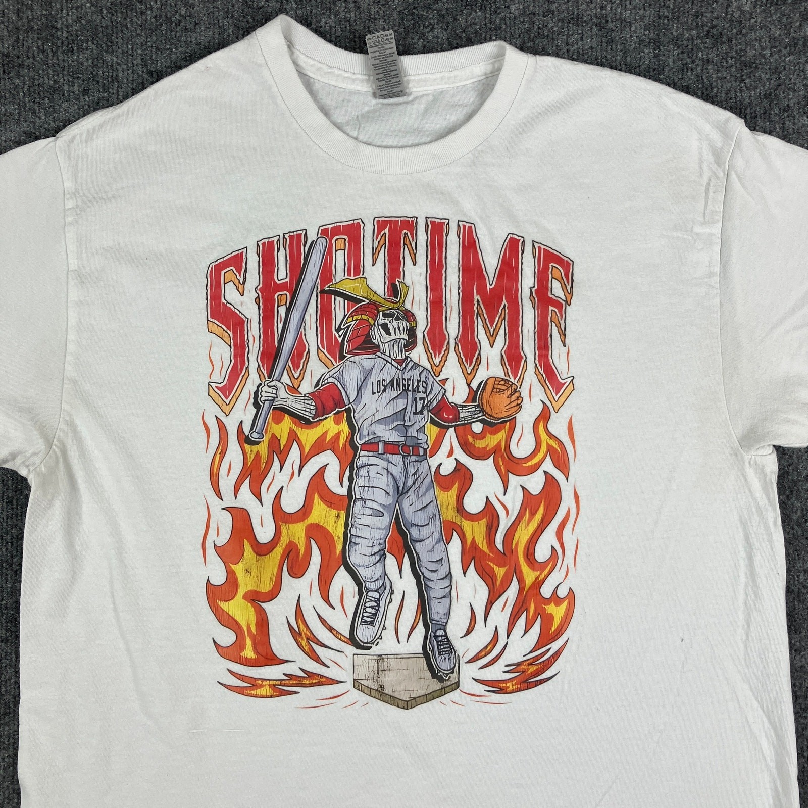 Gildan T-Shirt Mens Size L White Graphic Shotime Baseball Sports Crew Neck
