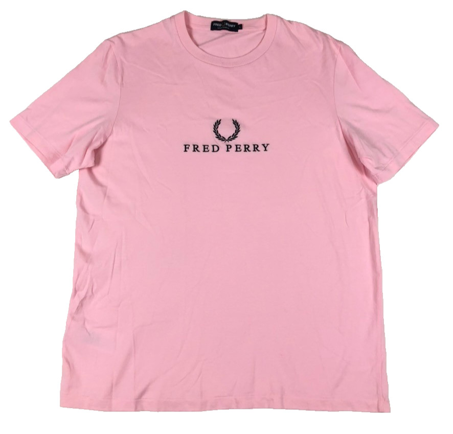 Fred Perry Sportswear T Shirt Men L Pink Embroidered Navy Logo Cotton Crew Neck