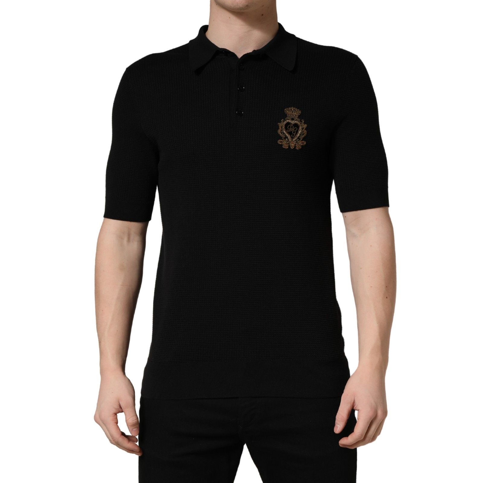 DOLCE & GABBANA T-shirt Black Heraldic Crest Patch Silk Polo IT48/US38/M 1420usd