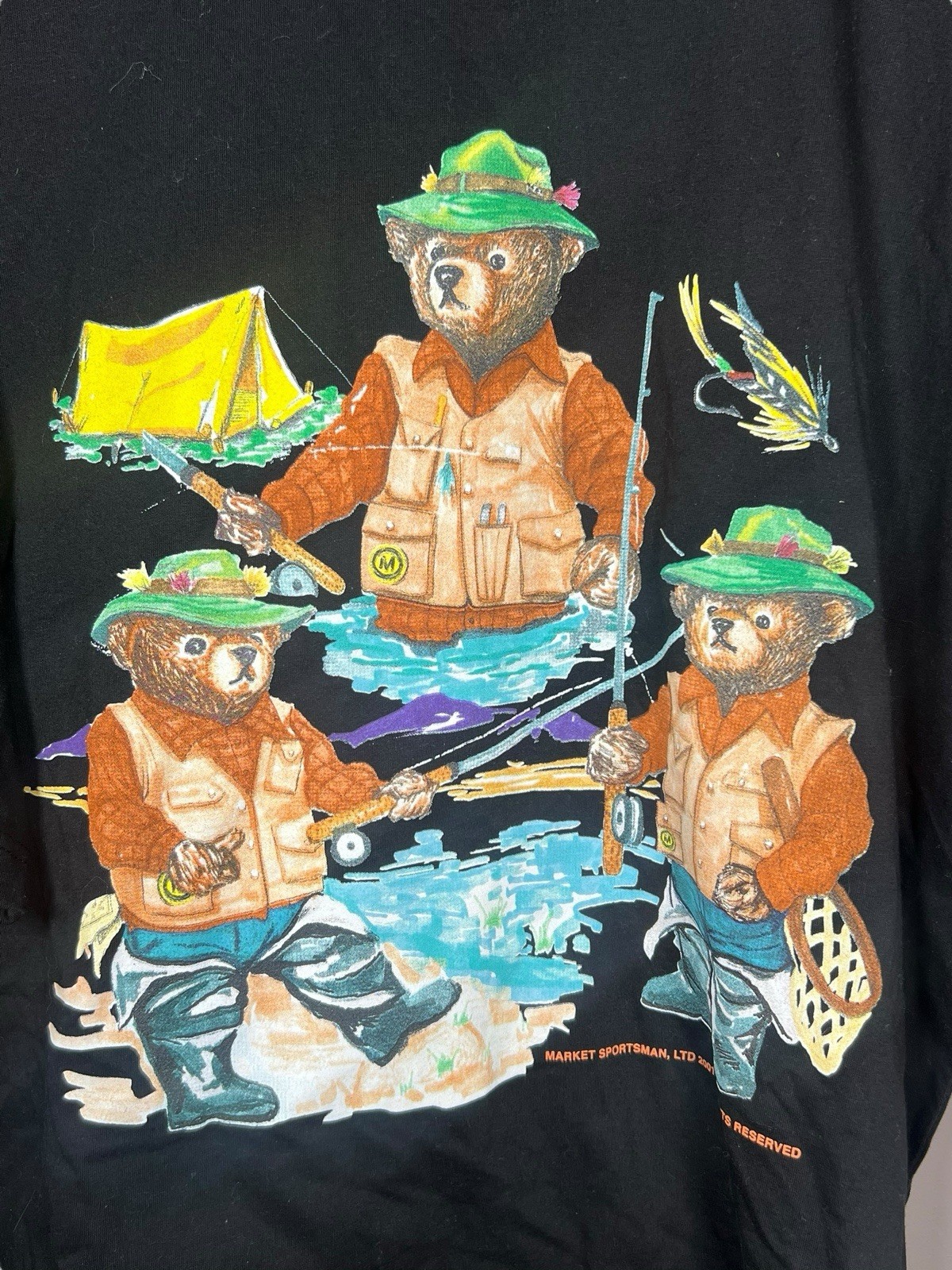 Vintage Y2K Market Sportsman Fishing Bears Graphic T-Shirt XL Black Outdoors
