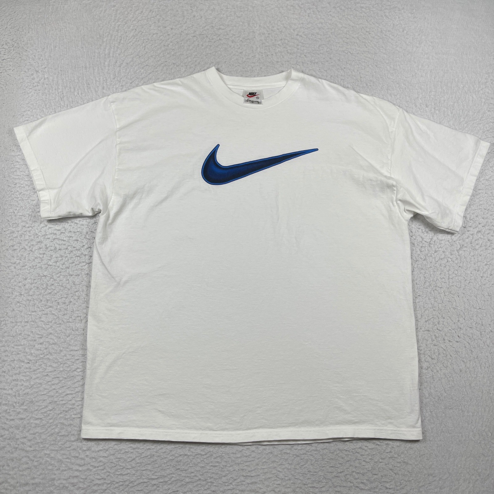 Nike T-Shirt Mens XXL White Blue Swoosh Vintage 90s Made in USA Streetwear Tee