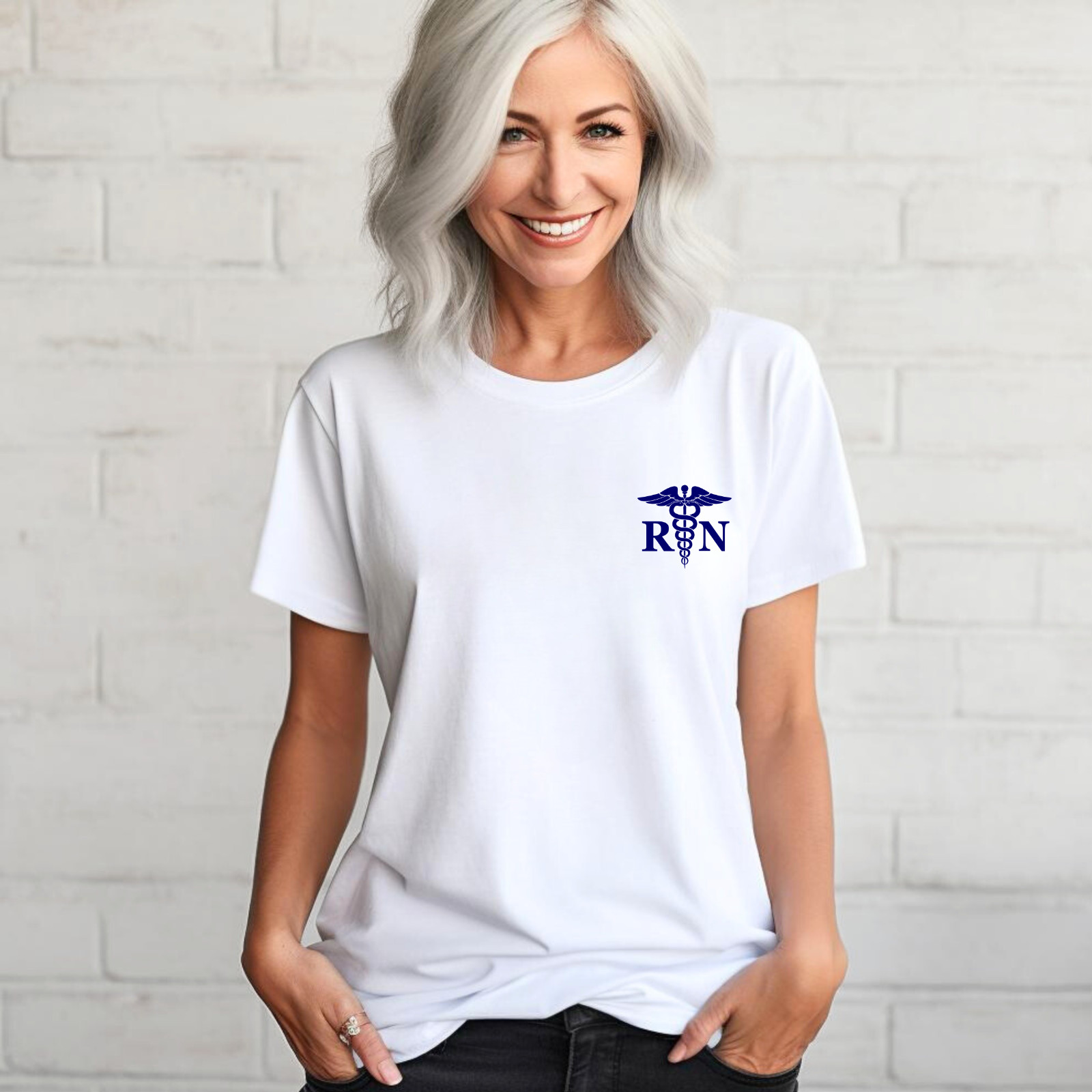 Men’s & Women’s Registered Nurse T-shirt, Left Front, RN Medical Caduceus Staff