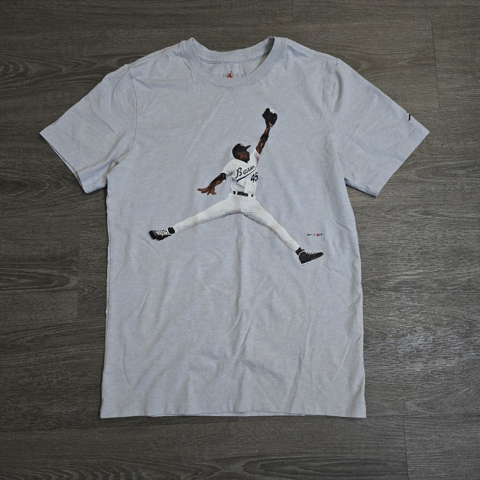 Nike Air Jordan Flight MVP Jumpman Birmingham Barons T-Shirt Men Small Gray Blue