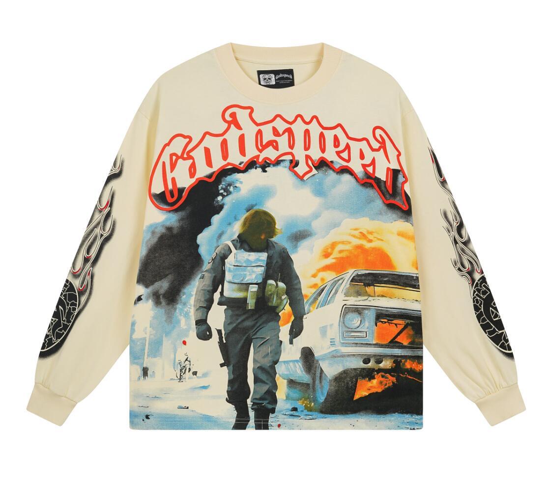 Men’s Godspeed Street Retro Fashion Printed T-shirt with Washed Long Sleeves