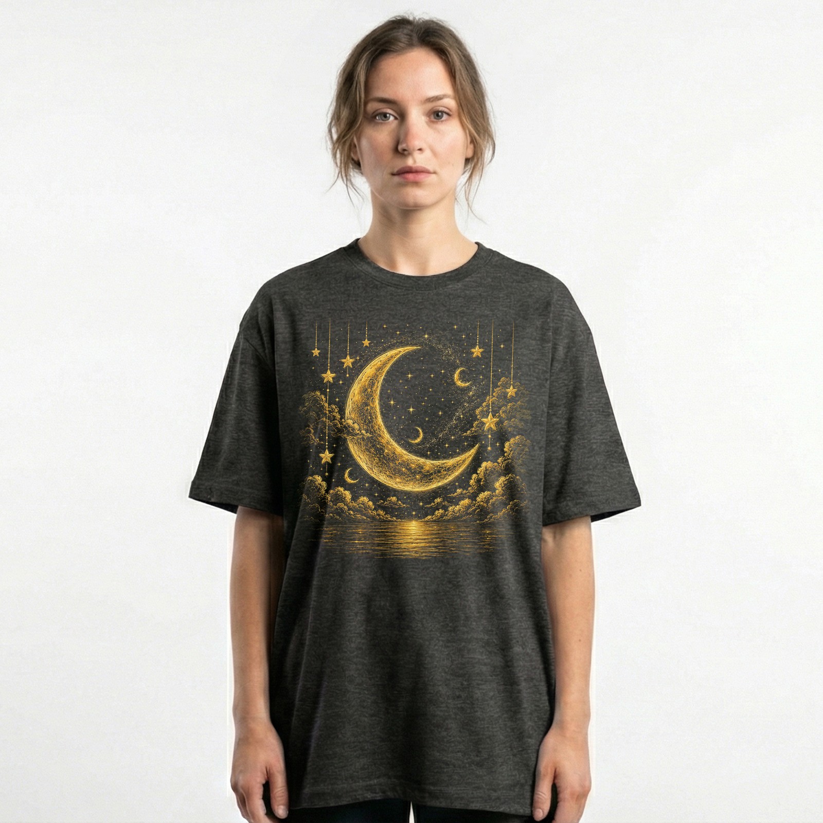 Golden Crescent Moon Stars T-Shirt Mystic Night Sky Reflection Tee