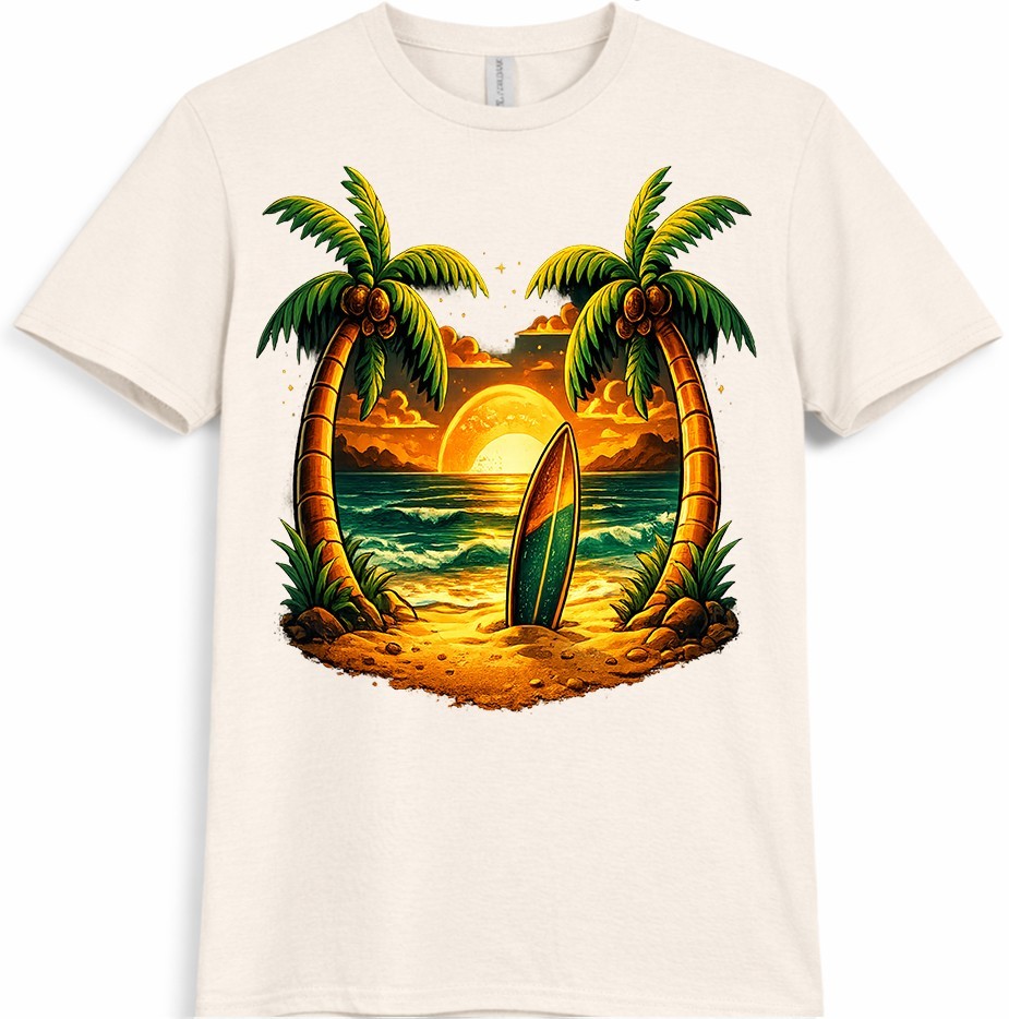 Tropical Beach T-Shirt Sunset Surfboard Graphic Palm Trees Ocean Summer tee