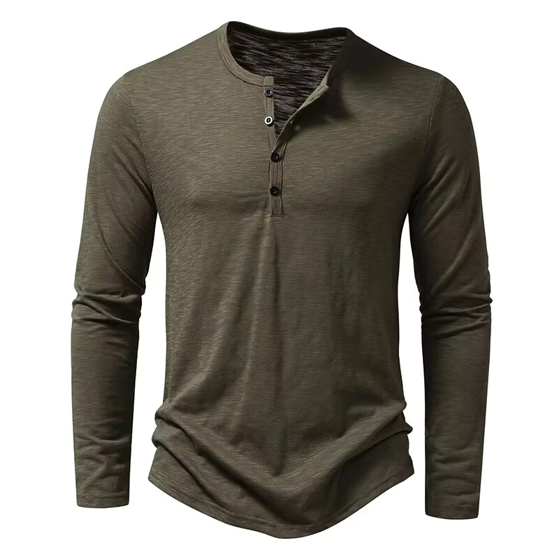 Men’s Shirt Cotton Henley Neck T-Shirts Long Sleeve Casual Button Plain 25% OFF