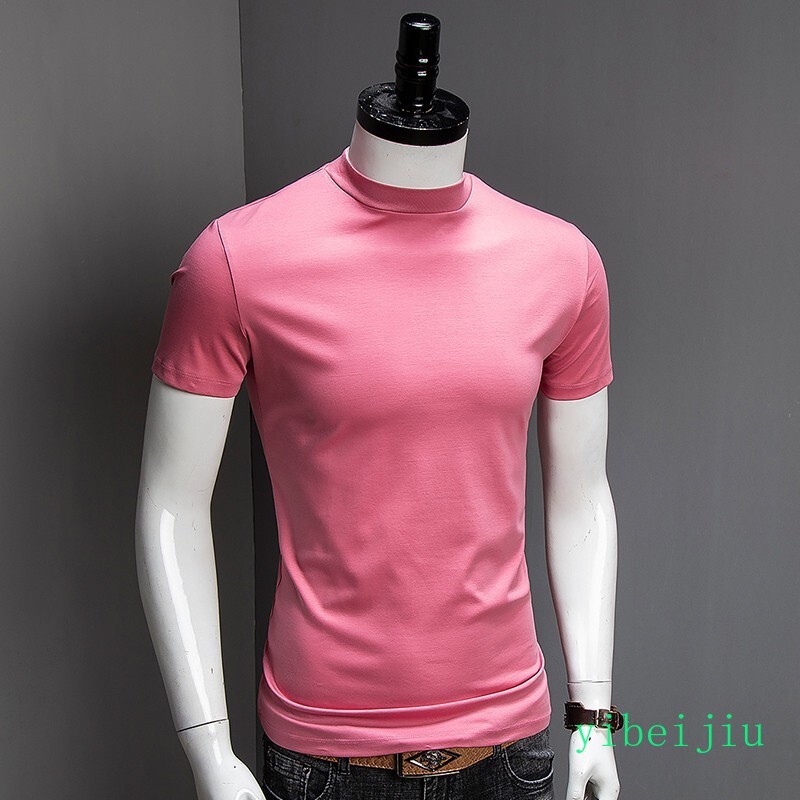 Mens Summer Half High Collar Silk Cotton Short Sleeved Slim Fit Shirts Comfort