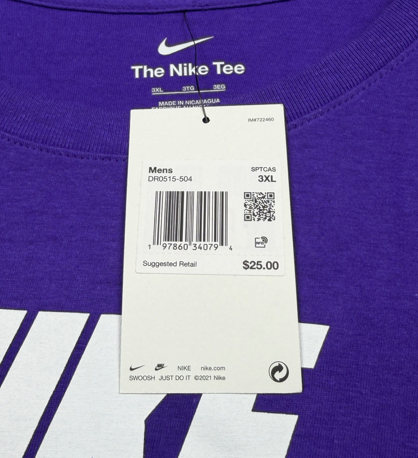 Nike T Shirt Men’s 3XL Purple Swoosh Short Sleeve Crew Neck NWT