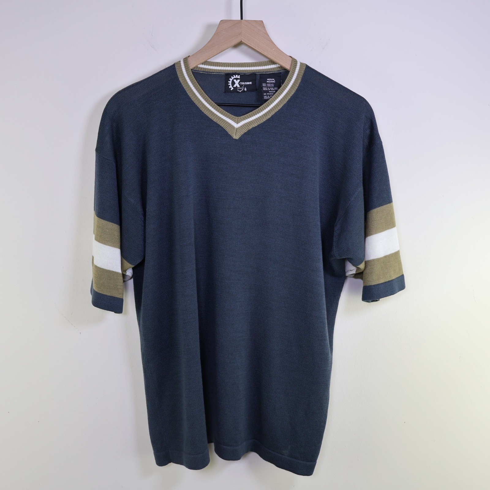 Vintage X-Treme Gear V-Neck Acrylic Shirt Size Medium Retro Striped Navy Blue