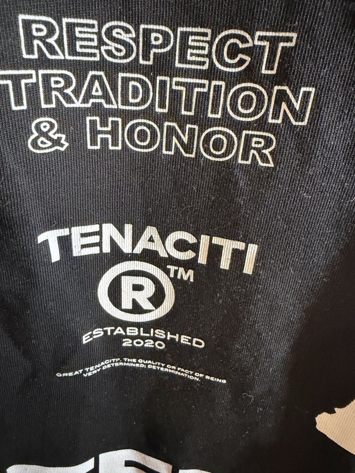 Tenaciti Studios t-shirt features a large fuzzy “T” logo on the right chest SZ S