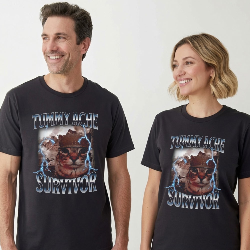 Tummy Ache Survivor T-Shirt Funny Cat Meme Soldier Graphic Vintage Heavy Metal