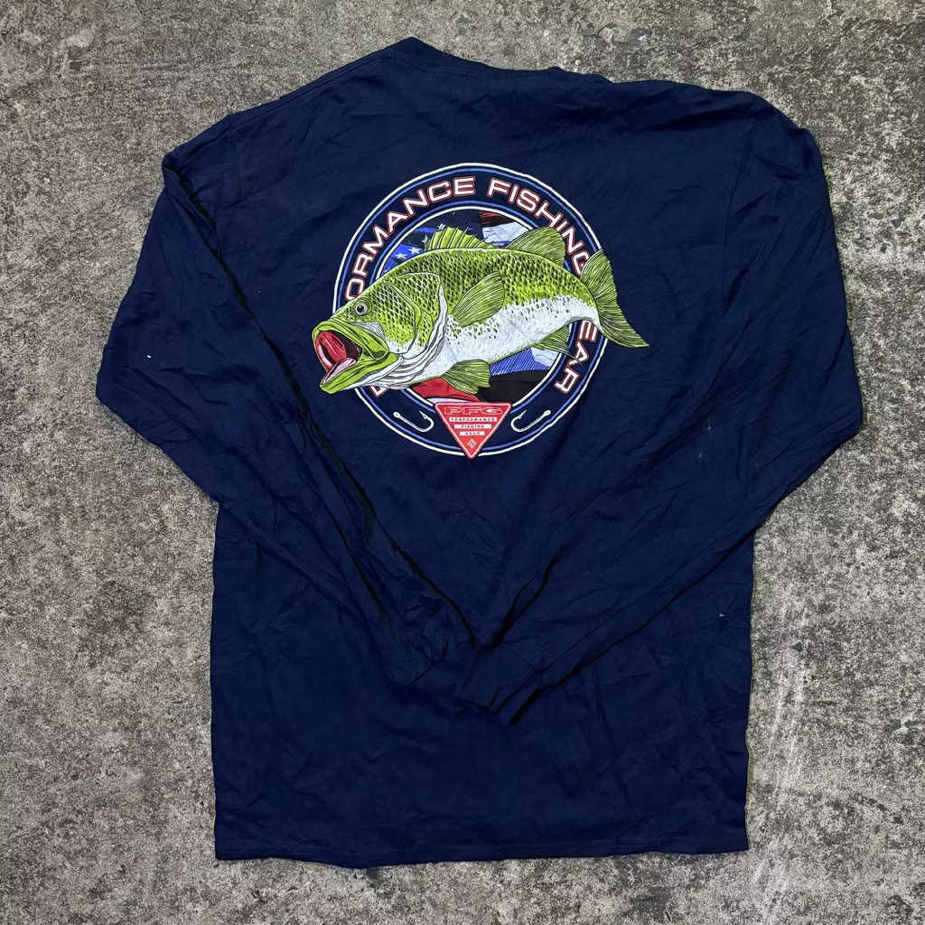 NWT Columbia PFG Long Sleeve Shirt Men M Navy Blue Bass Fishing Graphic Tee