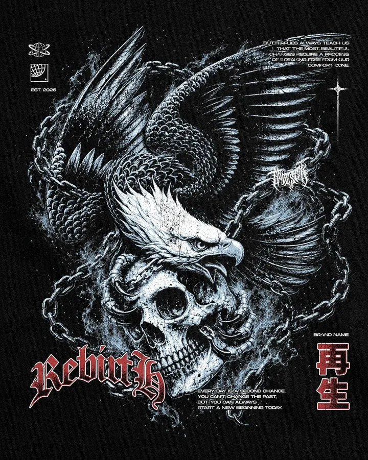 Men’s Vintage Washed Graphic T-Shirt Eagle Skull Print Gothic Streetwear Tee