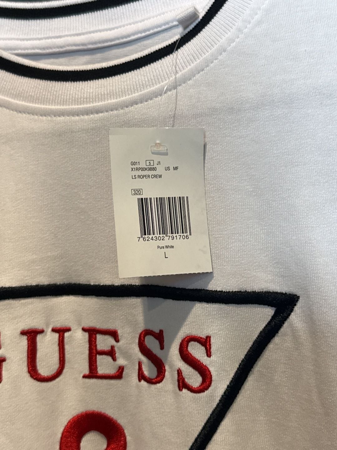 Guess LS Roper Crew White Triangle Logo Long Sleeve T-Shirt