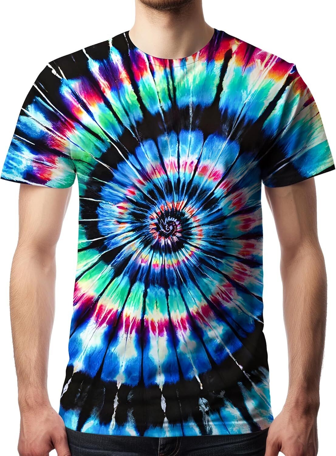 Men’s Tie Dye Short Sleeve T-Shirt Vintage Hippie Style Polyester Crew Neck Tee