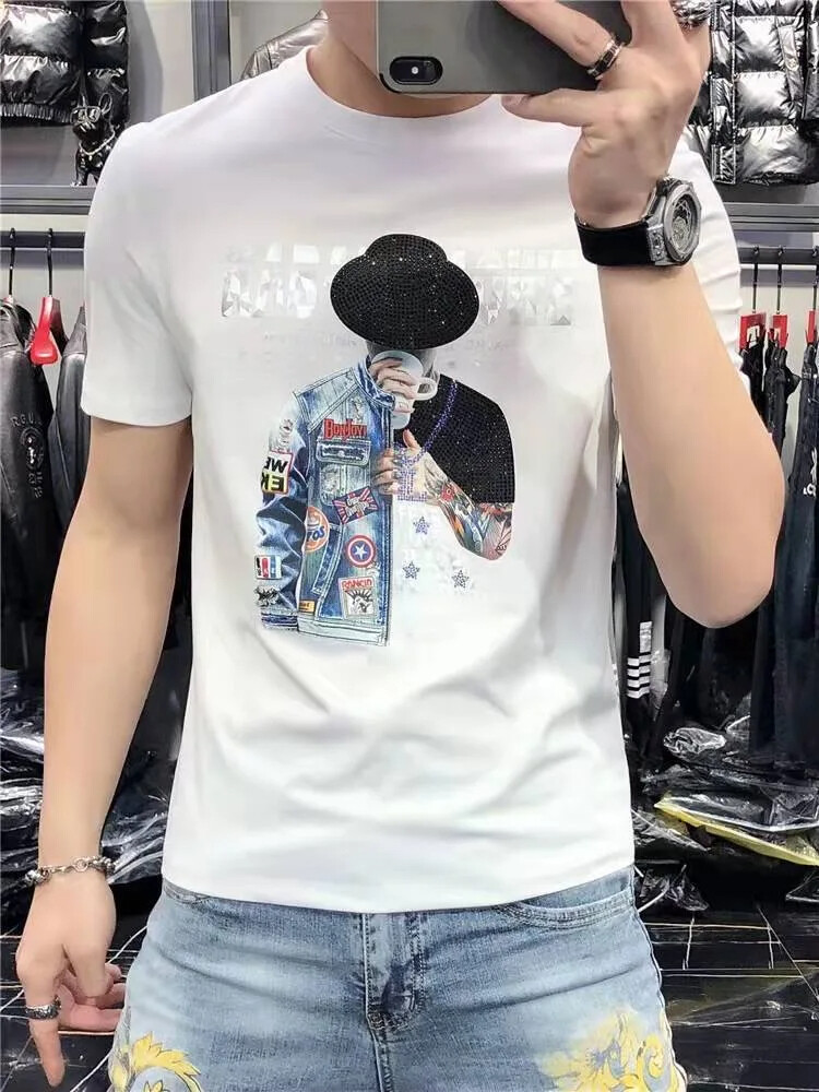 New Men Luxury Rhinestones Fashion Black White T-Shirt High Quality