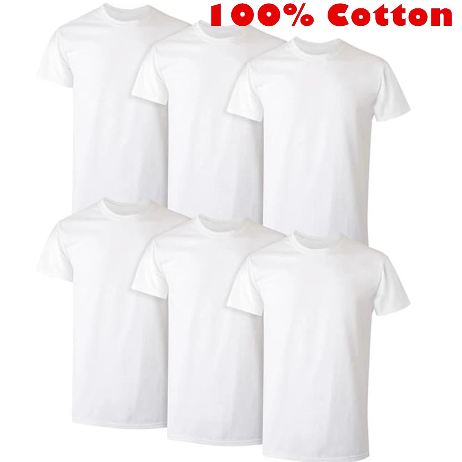 3-6 Pack Mens 100% Cotton Tagless Crew-Neck T-Shirt Undershirt Tee White S-2XL
