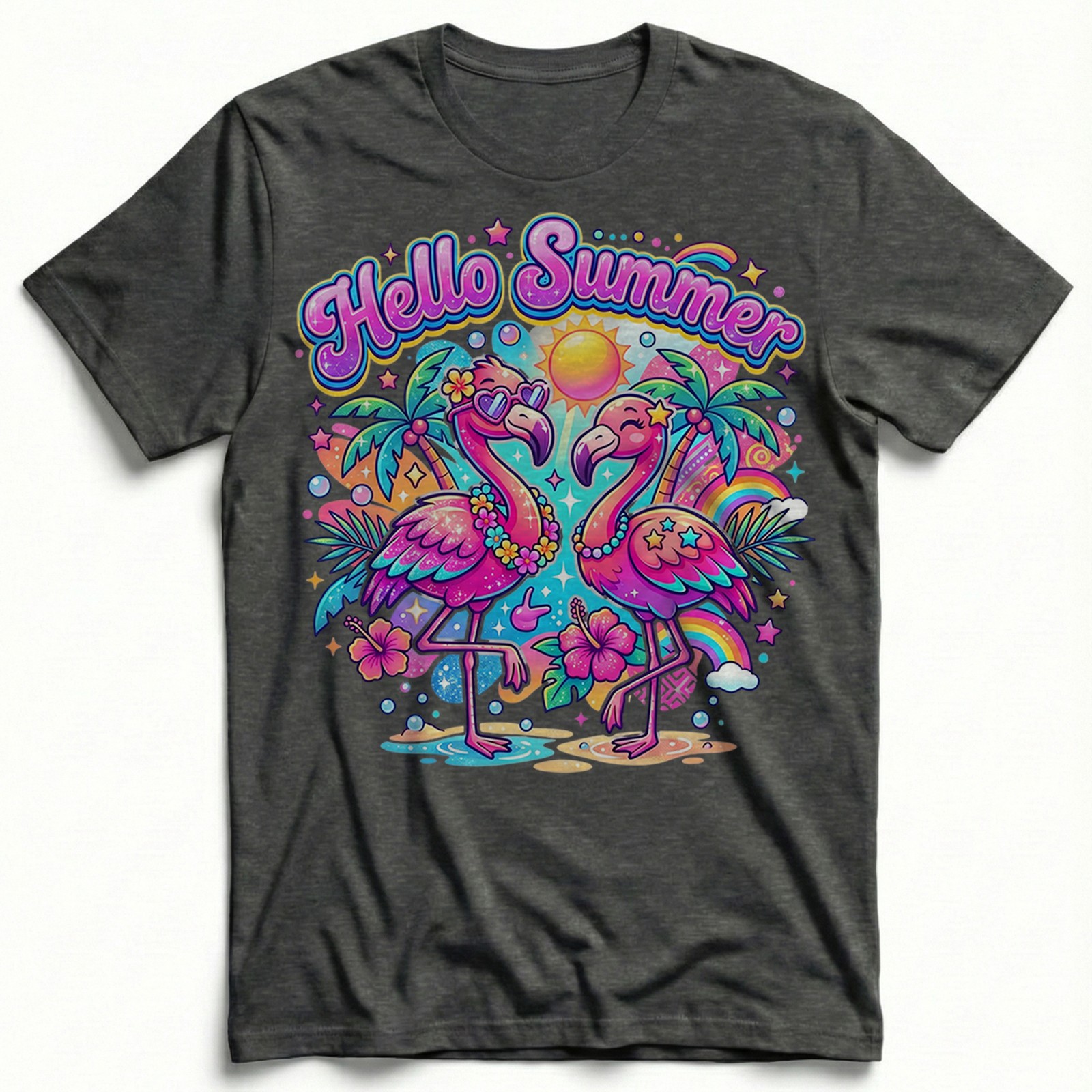 Hello Summer Tropical Flamingo T-Shirt Retro Neon Beach Vacation Holiday Tee