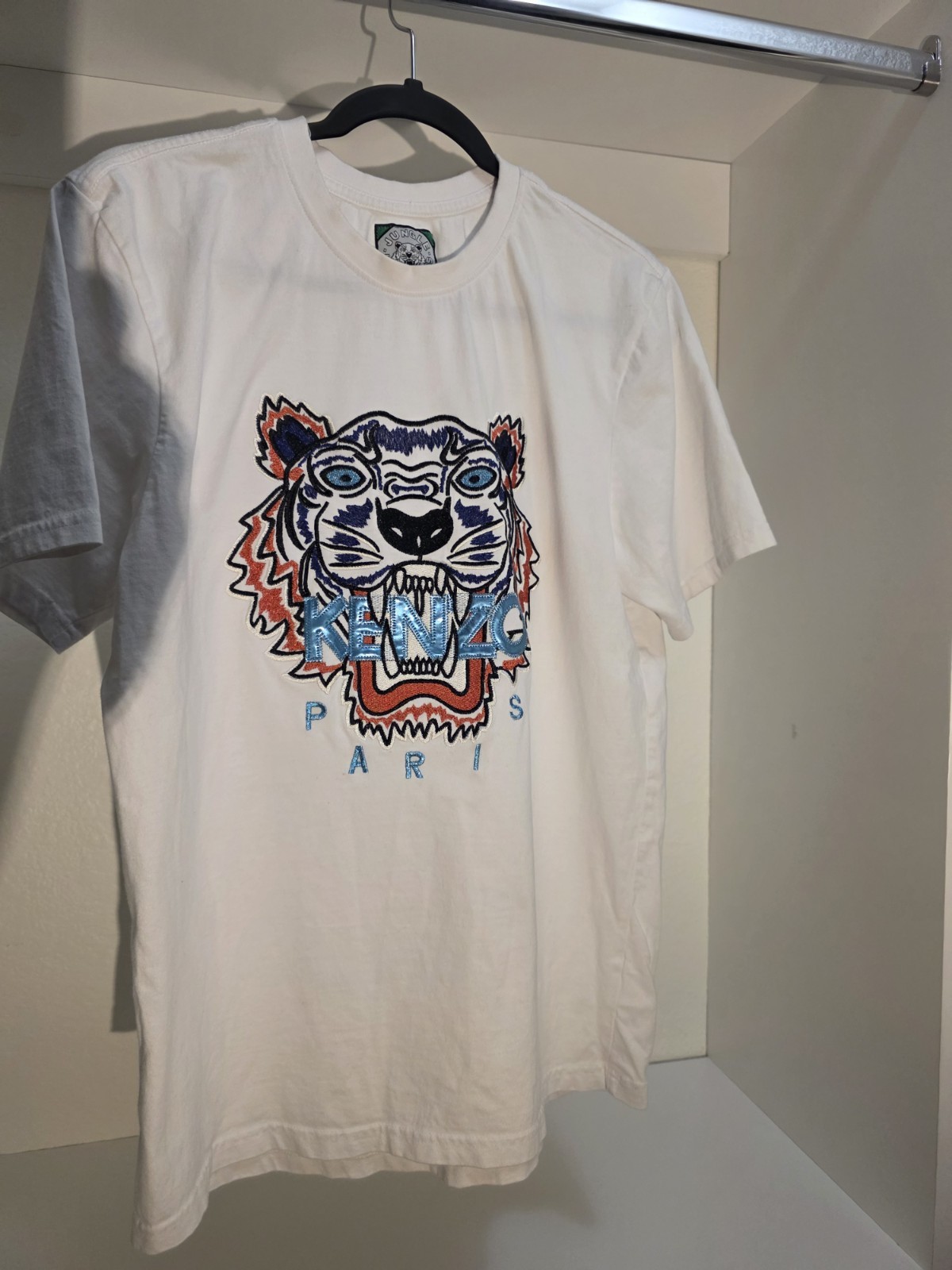 KENZO Men’s White Tiger Graphic Embroidered Logo Crew Neck Cotton Tee XL