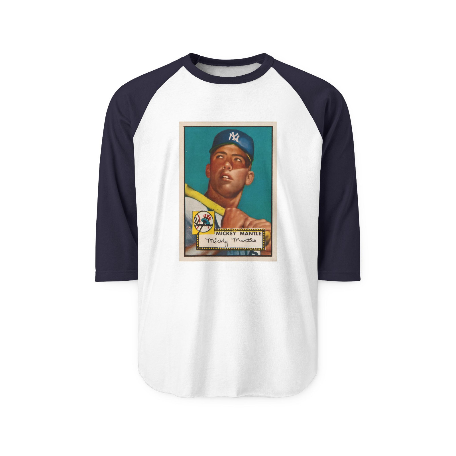 Vintage Mickey Mantle Rookie Baseball Card T-Shirt – Raglan Two Tone 3/4 Sleeves