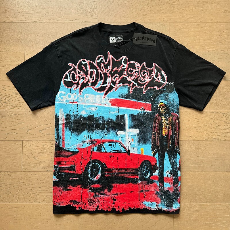 NEW Godspeed Rock Skeleton sports car print pattern Tee Washed Mens T-shirt