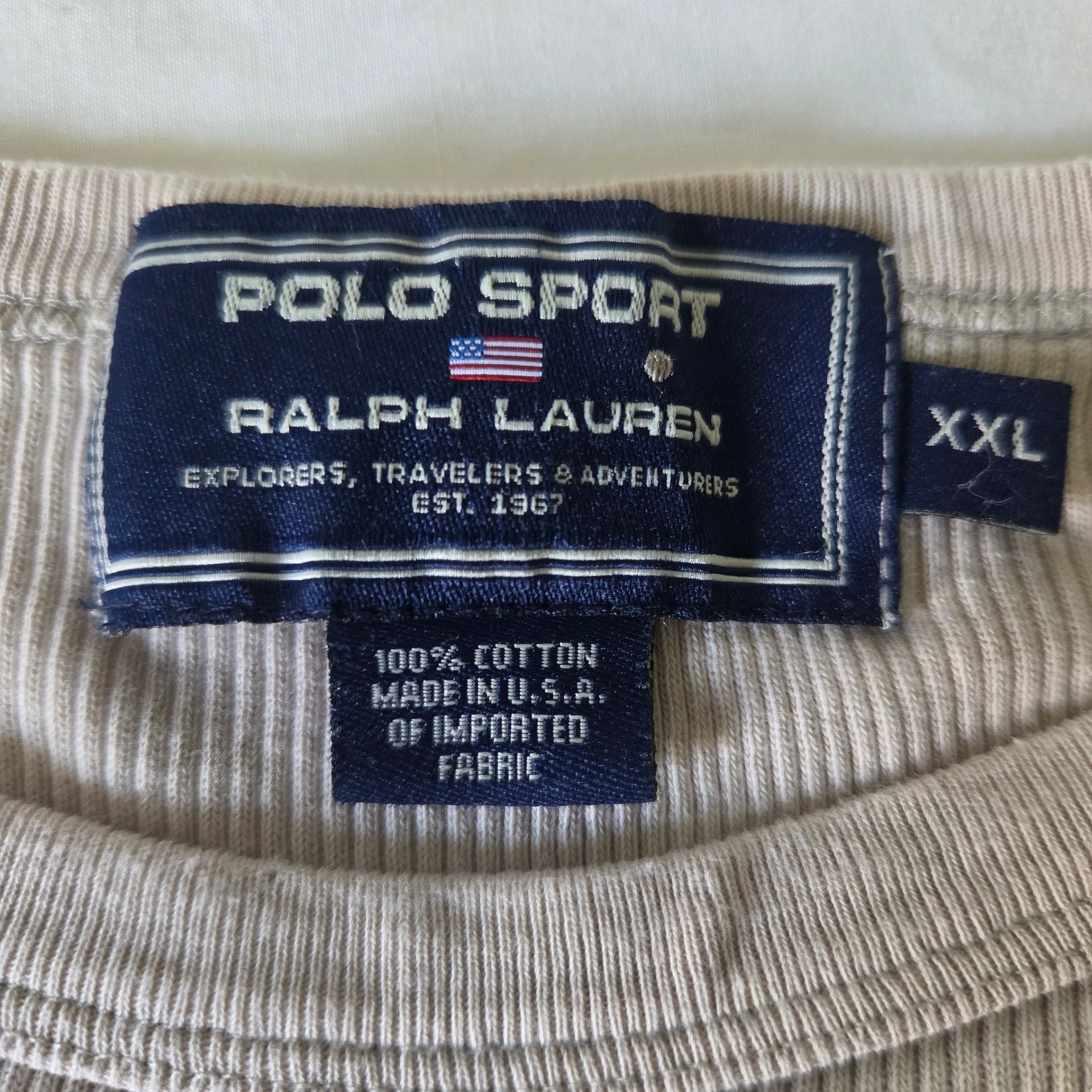 Polo Sport Ralph Lauren Mens XXL Beige Ribbed Cotton T-Shirt Made in USA Vintage