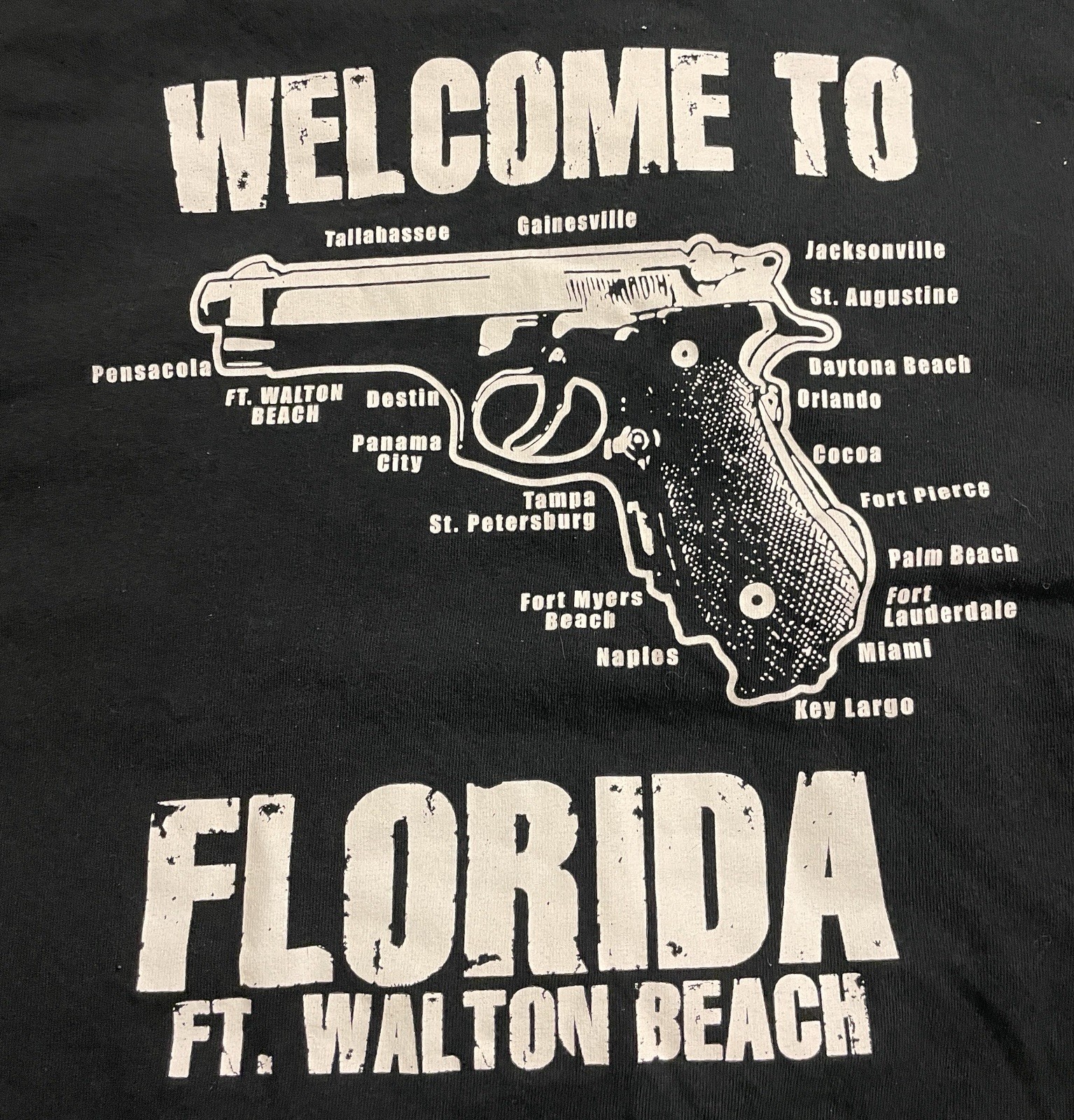 “WELCOME TO FLORIDA” (PISTOL SHAPED MAP) T-SHIRT ADULT M medium BLACK S/S gun