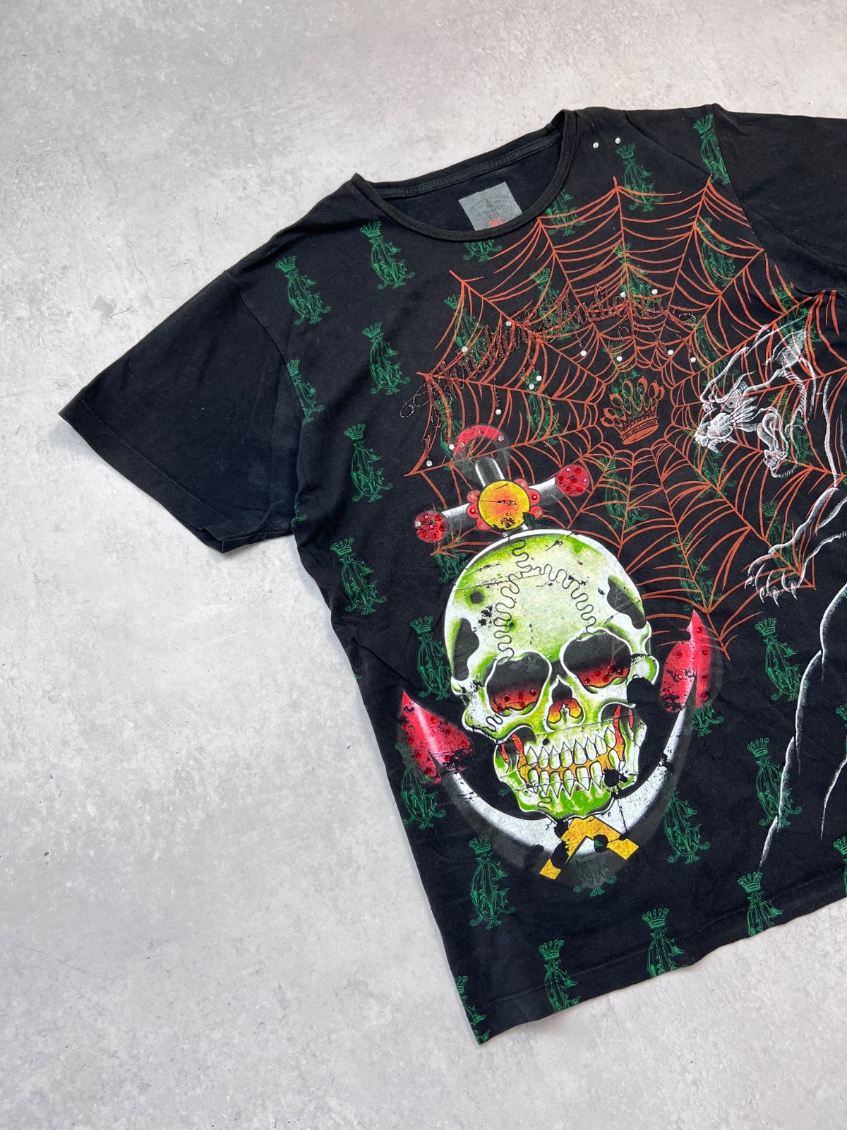 Christian Audigier Skull Spider Web Rhinestone Gothic Graphic T-Shirt Black