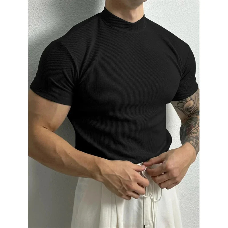 Men T Shirt Stripe Print Short Sleeve Elastic Fit High Collar Sport Gym Training